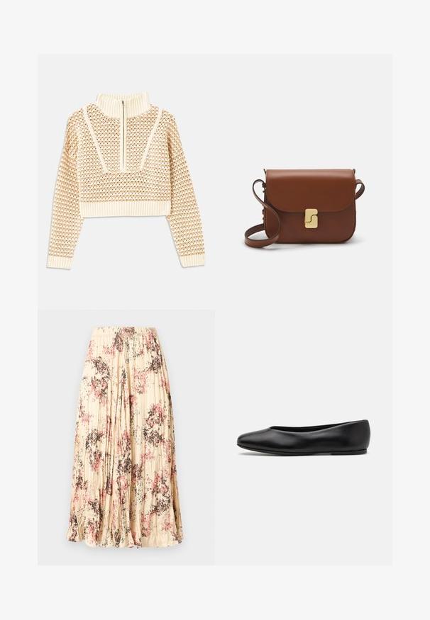 Light beige cropped sweater with a zippered mock neck, featuring a textured pattern and ribbed cuffs and hem. Combines knit and woven materials.; Beige pleated midi skirt with a floral pattern in pink, black, and blue, featuring an elastic waistband.; Paul Smith TOPANGA - Ballet pumps - black; Brown leather handbag with a flap closure, gold-tone hardware, a shoulder strap, and a smooth texture. Compact rectangular shape.