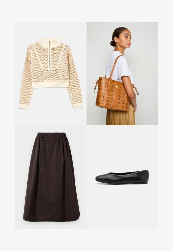 Jasnobeżowy krótki sweter z zapięciem na zamek błyskawiczny przy kołnierzu w stylu stójki, z teksturowanym wzorem oraz prążkowanymi mankietami i dołem. Łączy materiały dziane i tkane.; Brąskowa spódnica midi z elastycznym pasem i szerokim dołem, wykonana z gładkiego materiału z delikatnymi zakładkami poniżej talii.; Paul Smith TOPANGA czarny; Kobieta w białej koszuli i pasiastych spodniach niesie na ramieniu beżową skórzaną torbę tote z czarnymi logo, stojąc bokiem.