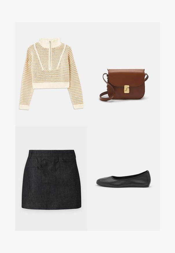 Light beige cropped sweater with a zippered mock neck, featuring a textured pattern and ribbed cuffs and hem. Combines knit and woven materials.; Dark denim skirt with a straight cut, featuring two front pockets and subtle texture. Clean hemline and standard waistband design.; Black leather ballet flat with a rounded toe, smooth texture, minimal stitching detail, and a flexible sole design.; Brown leather handbag with a flap closure, gold-tone hardware, a shoulder strap, and a smooth texture. Compact rectangular shape.