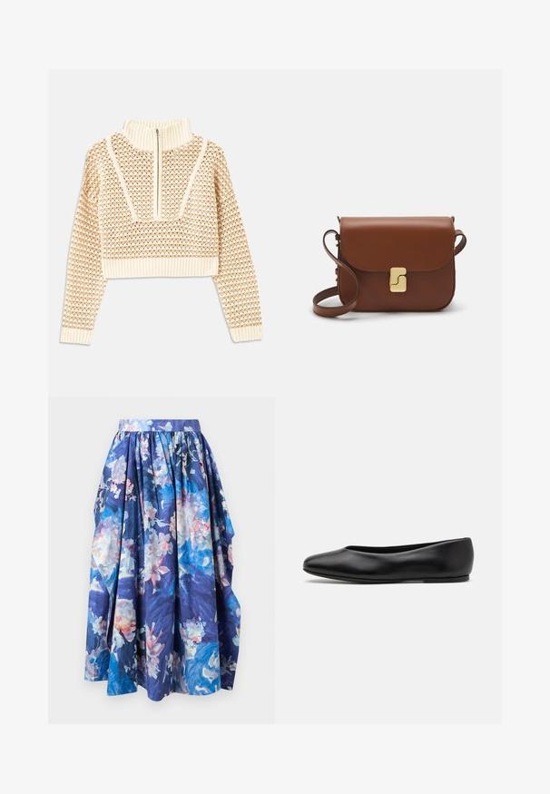 Svijetlo bež skraćeni džemper s rajsferšlusom i visokom ovratnikom, s teksturiranim uzorkom i rebrastim rukavima i rubom. Kombinira pletivo i tkaninu.; Plava cvjetna midi suknja s skupljenim strukom i mekanim nabranjima, koja se sastoji od nijansi ružičaste, bijele i svijetlo plave boje na mornarsko plavoj pozadini.; Paul Smith TOPANGA - Balerinke - black; Smeđa kožna torba s preklopom, zlatnim detaljima, remenom za nošenje preko ramena i glatkom teksturom. Kompaktni pravokutni oblik.