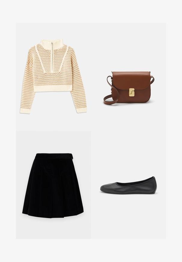 Helles, beigefarbenes, kurzes Sweatshirt mit einem Reißverschlusskragen, das ein strukturiertes Muster sowie gerippte Bündchen und Saum aufweist. Kombiniert Strick- und Webmaterialien.; Weekend Max Mara ZUCCA - A-Linien-Rock - nero; Schwarze Leder-Ballettschuhe mit abgerundeter Spitze, glatter Textur, minimalen Nähdetails und einem flexiblen Sohlen-Design.; Braune Ledertasche mit Klappenverschluss, Beschlägen in Goldfarbe, einem Schultergurt und einer glatten Oberfläche. Kompakte rechteckige Form.