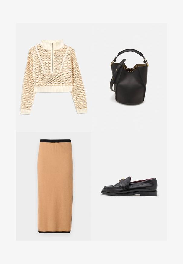 Világos bézs cropped pulóver, cipzáras álló gallérral, mely texturált mintával és bordás mandzsettával, valamint szegéllyel rendelkezik. A kötött és szőtt anyagok kombinációja.; Térd alá érő, teveszínű kötött szoknya fekete elasztikus derékpánttal és sima textúrával. Egyszerű dizájn, nincsenek látható minták vagy kiegészítők.; Fekete bőr loaferek varrott mintával, sima textúrával, arany csattal és kerek orral, alacsony fekete talpon.; Fekete bőr vödör táska texturált felülettel, arany hardware részletekkel és nyitott tetejével. Rövid fogantyúval és állítható vállpánttal rendelkezik.