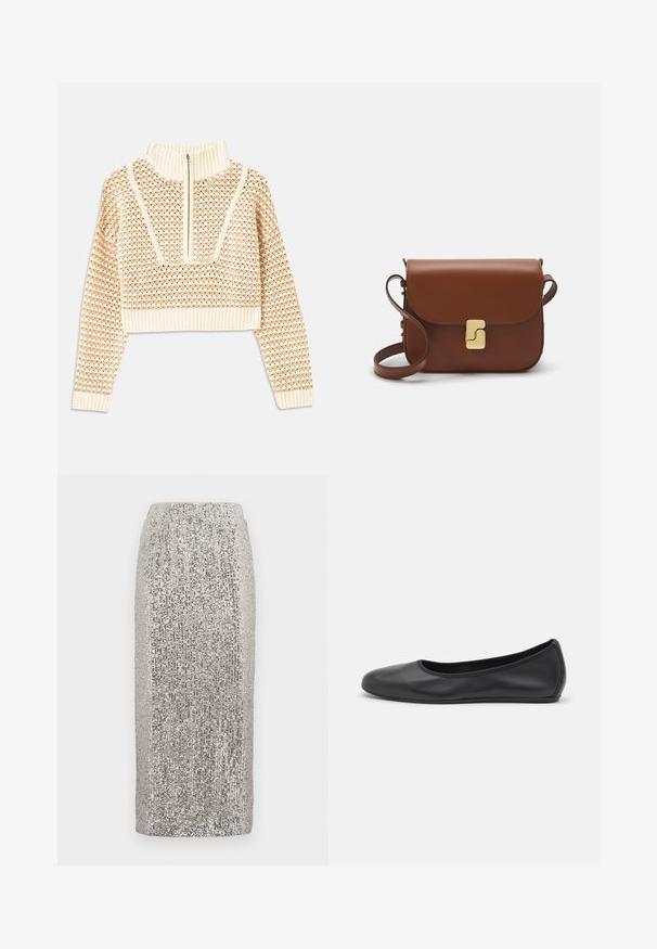 Pull en beige clair court avec un col montant zippé, présentant un motif texturé et des poignets et un ourlet côtelés. Combine des matériaux tricotés et tissés.; Jupe midi en sequins argentés avec une taille élastique. Le tissu est orné de sequins scintillants, créant une finition texturée.; Ballerines en cuir noir avec un bout rond, texture lisse, détails de couture minimalistes et design de semelle flexible.; Sac à main en cuir marron avec une fermeture à rabat, des accents en métal doré, une bandoulière et une texture lisse. Forme rectangulaire compacte.
