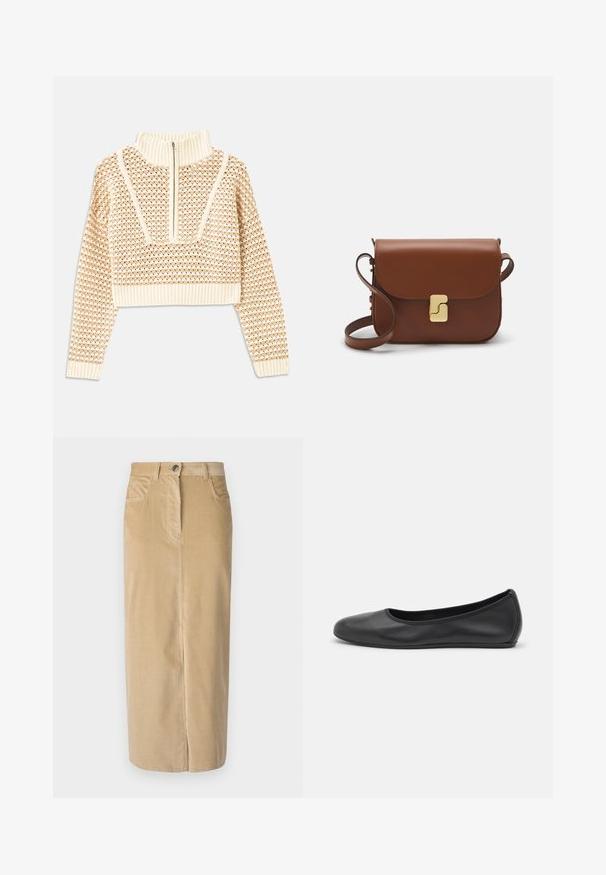 Light beige cropped sweater with a zippered mock neck, featuring a textured pattern and ribbed cuffs and hem. Combines knit and woven materials.; Weekend Max Mara GHIOTTO - Maxi skirt - beige; Black leather ballet flat with a rounded toe, smooth texture, minimal stitching detail, and a flexible sole design.; Brown leather handbag with a flap closure, gold-tone hardware, a shoulder strap, and a smooth texture. Compact rectangular shape.