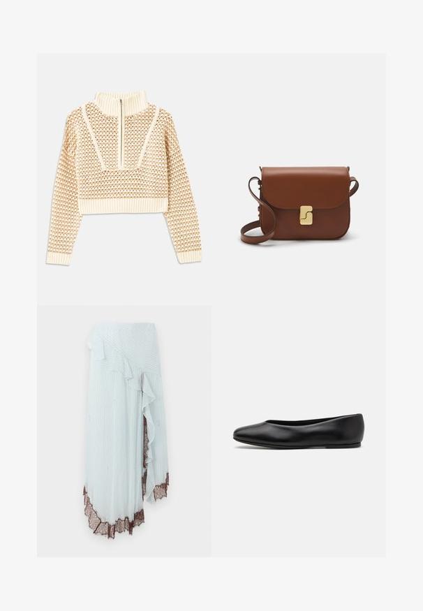 Helles, beigefarbenes, kurzes Sweatshirt mit einem Reißverschlusskragen, das ein strukturiertes Muster sowie gerippte Bündchen und Saum aufweist. Kombiniert Strick- und Webmaterialien.; Hellblauer Wickelrock mit vertikalen weißen Streifen, der eine fransige Kante und einen komplizierten braunen Spitzenrand am Saum aufweist.; Paul Smith TOPANGA - Klassischer Ballerina - black; Braune Ledertasche mit Klappenverschluss, Beschlägen in Goldfarbe, einem Schultergurt und einer glatten Oberfläche. Kompakte rechteckige Form.