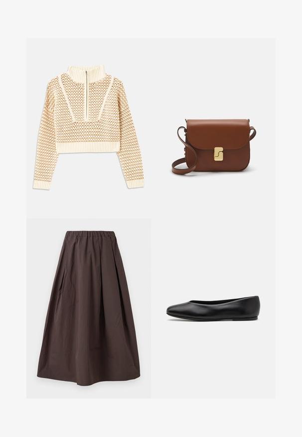 Pullover cropped beige chiaro con collo alto con zip, caratterizzato da un motivo testurizzato e polsini e orlo a coste. Combina materiali a maglia e tessuti.; Gonna midi di colore marrone con vita elastica e sottili pieghe su uno sfondo bianco.; Paul Smith TOPANGA - Ballerine - black; Borsa a tracolla in pelle marrone con chiusura a pattina, hardware color oro, tracolla e una finitura liscia. Forma rettangolare compatta.