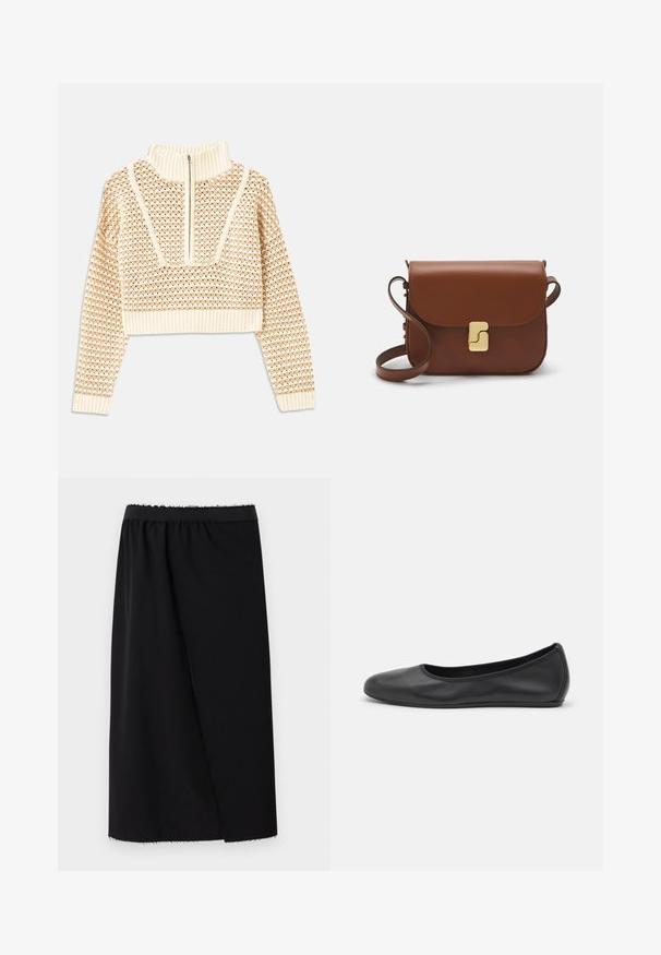 Svijetlo bež skraćeni džemper s rajsferšlusom i visokom ovratnikom, s teksturiranim uzorkom i rebrastim rukavima i rubom. Kombinira pletivo i tkaninu.; Crna suknja s uskim pojasom, glatkog materijala, srednje dužine, s asimetričnim dizajnom i sirovim rubom za dodatnu teksturu.; Crne kožne baletanke s zaobljenim vrhom, glatke teksture, minimalnim detaljima šavova i fleksibilnim dizajnom potplata.; Smeđa kožna torba s preklopom, zlatnim detaljima, remenom za nošenje preko ramena i glatkom teksturom. Kompaktni pravokutni oblik.