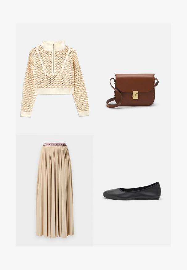 Light beige cropped sweater with a zippered mock neck, featuring a textured pattern and ribbed cuffs and hem. Combines knit and woven materials.; Pleated maxi skirt in soft beige fabric, featuring a maroon elastic waistband with the word "WEEKEND" repeated. No visible fastenings.; Black leather ballet flat with a rounded toe, smooth texture, minimal stitching detail, and a flexible sole design.; Brown leather handbag with a flap closure, gold-tone hardware, a shoulder strap, and a smooth texture. Compact rectangular shape.