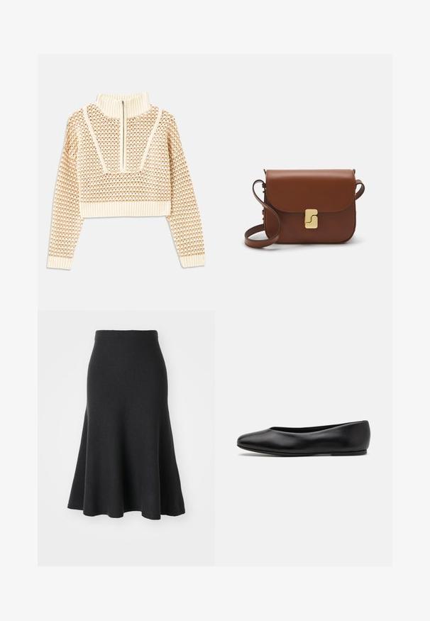 Light beige cropped sweater with a zippered mock neck, featuring a textured pattern and ribbed cuffs and hem. Combines knit and woven materials.; Black flared skirt made of soft fabric, featuring a high waist, smooth texture, and an A-line silhouette that extends to mid-calf length.; Paul Smith TOPANGA - Ballet pumps - black; Brown leather handbag with a flap closure, gold-tone hardware, a shoulder strap, and a smooth texture. Compact rectangular shape.