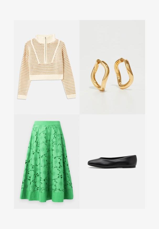 Light beige cropped sweater with a zippered mock neck, featuring a textured pattern and ribbed cuffs and hem. Combines knit and woven materials.; Green skirt featuring floral cut-out designs, a smooth texture, and a fitted waistband. The hem is solid and slightly flared.; Paul Smith TOPANGA - Ballet pumps - black; Gold-colored hoop earrings with a curved, irregular shape and a smooth, polished texture. No visible hardware or accents.
