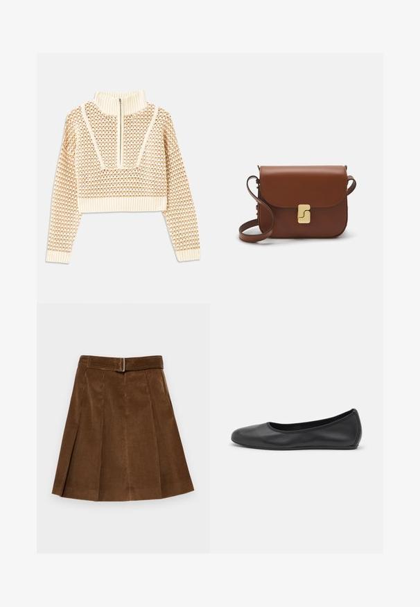 Light beige cropped sweater with a zippered mock neck, featuring a textured pattern and ribbed cuffs and hem. Combines knit and woven materials.; Brown corduroy skirt with a pleated design, featuring a waistband with a buckle and vertical ribbed texture.; Black leather ballet flat with a rounded toe, smooth texture, minimal stitching detail, and a flexible sole design.; Brown leather handbag with a flap closure, gold-tone hardware, a shoulder strap, and a smooth texture. Compact rectangular shape.
