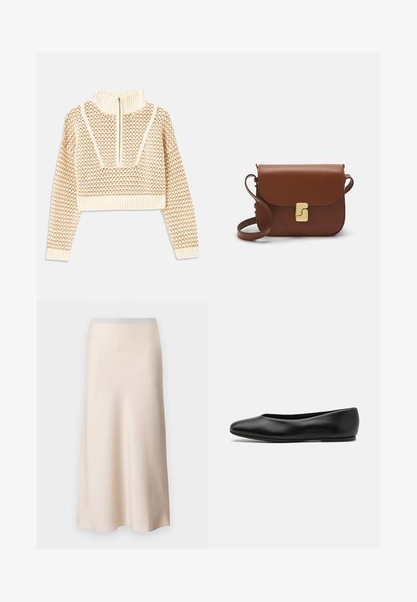Light beige cropped sweater with a zippered mock neck, featuring a textured pattern and ribbed cuffs and hem. Combines knit and woven materials.; Pale beige midi skirt with a smooth, satin-like finish and a light gray elastic waistband. Flared design tapering towards the hem.; Paul Smith TOPANGA - Ballet pumps - black; Brown leather handbag with a flap closure, gold-tone hardware, a shoulder strap, and a smooth texture. Compact rectangular shape.