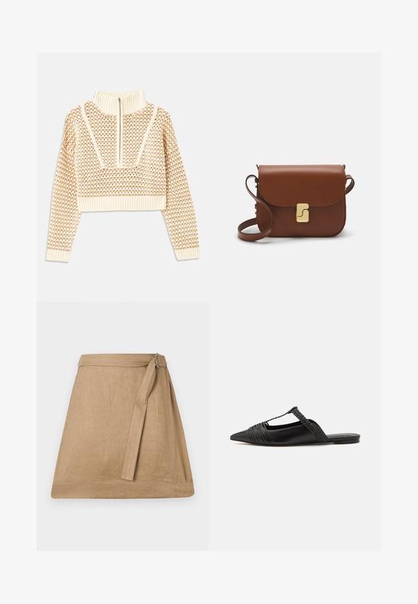Light beige cropped sweater with a zippered mock neck, featuring a textured pattern and ribbed cuffs and hem. Combines knit and woven materials.; Beige linen wrap skirt with a slight A-line shape, featuring a side tie and buckle detail, smooth texture, and clean hemline.; Black leather slingback shoe with a pointed toe, featuring a woven accent and pleated upper design. Flat sole with minimal hardware.; Brown leather handbag with a flap closure, gold-tone hardware, a shoulder strap, and a smooth texture. Compact rectangular shape.