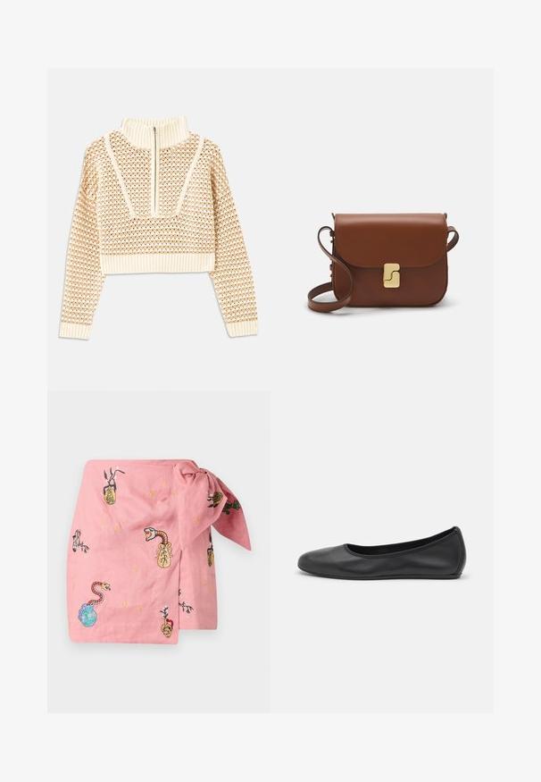 Gaišas bezgaismas īsais džemperis ar rāvējslēdzēju un stāvošu apkakli, ar faktūru rakstu un ribinātām piedurknēm un apakšmalu. Apvieno adītus un audumus.; Rozā lina apmetnis ar izšūtām čūsku un vāzu dizainiem. Iekļauta mezgla detaļa un dekoratīvi zvaigžņu raksti visā apmetnī.; Melna ādas baleta kurpe ar noapaļotu purngalu, gludu tekstūru, minimālu šuvju detalizāciju un elastīgu zoles dizainu.; Bordo ādas rokas soma ar atloku, zeltītām detaļām, plecu siksnu un gludu virsmu. Kompakta, taisnstūrveida forma.