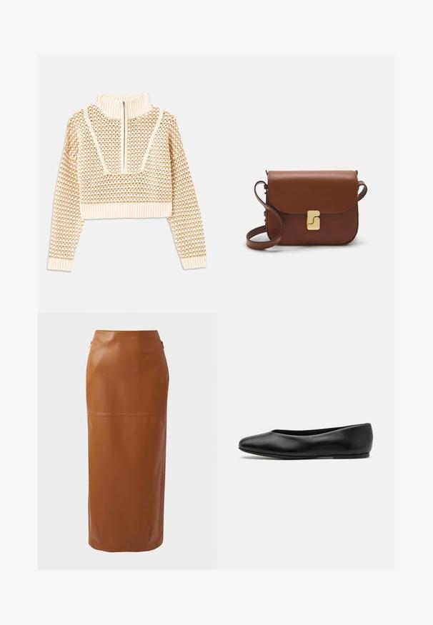 Vaalea beige lyhyt neulepusero, jossa on vetoketjukiinnitteinen korkea kaulus. Se esittelee teksturoidun kuosin ja ribbireunat hihoissa ja helmassaan. Yhdistelmä neulotusta ja kudotusta materiaalista.; Ruskosuinen nahkainen midihame, jossa on tiukka siluetti, sivuvetoketjut ja sileä pinta. Hameessa on vaakasuuntainen saumarivi helman läheisyydessä.; Paul Smith TOPANGA - Ballerinat - black; Ruskea nahkainen käsilaukku, jossa on läppäkiinnitys, kultasävyiset yksityiskohdat, olkahihna ja sileä pinta. Kompaktin suorakaiteen muotoinen.