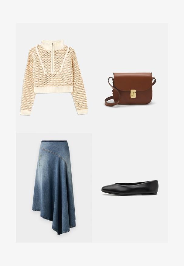Svijetlo bež skraćeni džemper s rajsferšlusom i visokom ovratnikom, s teksturiranim uzorkom i rebrastim rukavima i rubom. Kombinira pletivo i tkaninu.; Denim omotana suknja u gradijentu svijetloplave do tamnoplave boje, sa izvezenim cvjetnim dizajnom s jedne strane i vidljivim šavnim detaljima duž rubova.; Paul Smith TOPANGA - Balerinke - black; Smeđa kožna torba s preklopom, zlatnim detaljima, remenom za nošenje preko ramena i glatkom teksturom. Kompaktni pravokutni oblik.