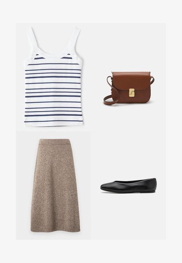 Pullover cropped beige chiaro con collo alto con zip, caratterizzato da un motivo testurizzato e polsini e orlo a coste. Combina materiali a maglia e tessuti.; Canotta a righe con strisce orizzontali bianche e blu navy, realizzata in un tessuto a costine. Include spalline larghe e scollatura arrotondata.; Gonna in maglia di una calda tonalità marrone con un motivo testurizzato, vita aderente e silhouette svasata, con dettagli a coste sull'orlo.; Paul Smith TOPANGA - Ballerine - black; Borsa a tracolla in pelle marrone con chiusura a pattina, hardware color oro, tracolla e una finitura liscia. Forma rettangolare compatta.