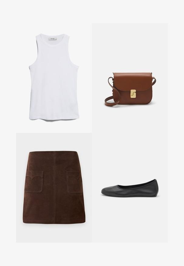 Lys beige cropped sweater med lynlås og høj hals, der har et struktureret mønster samt ribbede manchetter og nederste kant. Kombinerer strikkede og vævede materialer.; Hvid ribbet top med rund hals og brede ærmegab. Har en glat tekstur og en lige kant. Mærket læser "IVY OAK."; Mørkebrun ruskindnederdel med en klassisk A-formet silhuet, to forreste lommer med rundede klapper og subtile syninger.; Sort læderballetsko med rund tå, glat tekstur, minimal syning og et fleksibelt såldesign.; Brun læder håndtaske med flaplukning, hardware i gyldent tone, en skulderrem og en glat overflade. Kompakt rektangulær form.