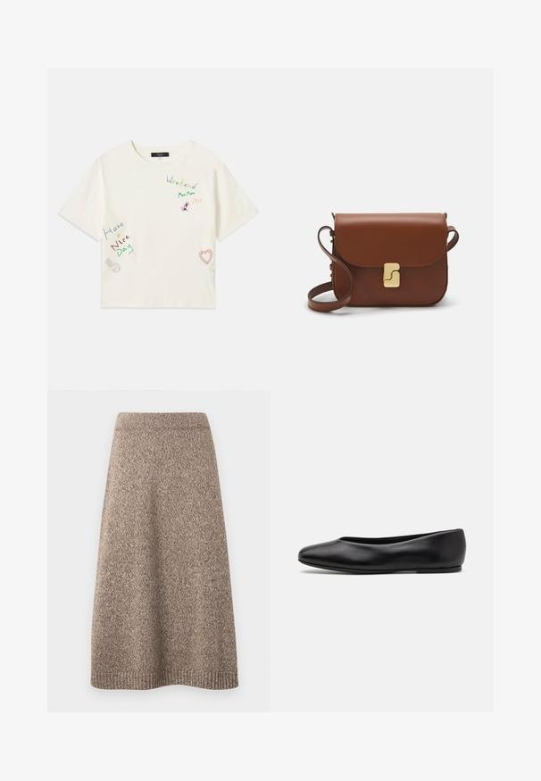 Licht beige cropped sweater met een ritskraag, voorzien van een textuurpatroon en geribde manchetten en onderrand. Combineert gebreide en geweven materialen.; Witte katoenen T-shirt met korte mouwen, voorzien van kleurrijke geborduurde tekst en ontwerpen, waaronder "Weekend," "Fijne dag," en een hart.; Gebreide rok in een warme bruine tint met een textuurpatroon, passende tailleband en een uitlopende silhouet, met ribgebreide accenten aan de zoom.; Paul Smith TOPANGA - Ballerina's - black; Bruine leren handtas met een klep sluiting, gouden hardware, een schouderband en een gladde textuur. Compact rechthoekige vorm.