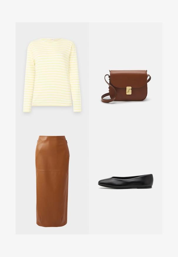 Licht beige cropped sweater met een ritskraag, voorzien van een textuurpatroon en geribde manchetten en onderrand. Combineert gebreide en geweven materialen.; Lange mouwen gestreepte blouse in bleekgeel en wit. Gemaakt van zachte stof met een relaxte pasvorm en ronde hals. Horizontale strepen overal.; Brown leren midirok met een aansluitende silhouet, zijritsen en een gladde textuur. Heeft een horizontale naaddetails nabij de zoom.; Paul Smith TOPANGA - Ballerina's - black; Bruine leren handtas met een klep sluiting, gouden hardware, een schouderband en een gladde textuur. Compact rechthoekige vorm.