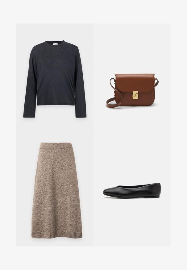 Vaalea beige lyhyt neulepusero, jossa on vetoketjukiinnitteinen korkea kaulus. Se esittelee teksturoidun kuosin ja ribbireunat hihoissa ja helmassaan. Yhdistelmä neulotusta ja kudotusta materiaalista.; T-paita, tumma harmaa, pitkät hihat, lyhyt malli, valmistettu kevyestä, hieman rakenteellisesta kankaasta. Ominaisuuksina pyöreä kaula-aukko ja letkeä istuvuus.; Neulehame lämpimässä ruskeassa sävyssä, jossa on teksturoitu kuvio, tiukka vyötärö ja levenevä siluetti, jossa on ribbireunukset helman kohdalla.; Paul Smith TOPANGA - Ballerinat - black; Ruskea nahkainen käsilaukku, jossa on läppäkiinnitys, kultasävyiset yksityiskohdat, olkahihna ja sileä pinta. Kompaktin suorakaiteen muotoinen.