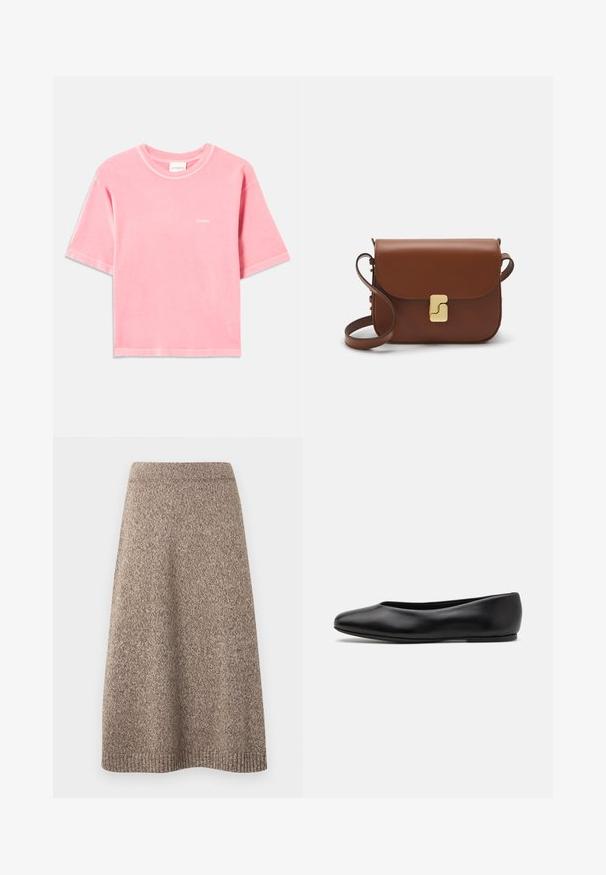 Suéter corto de un beige claro con cuello tipo chimenea con cremallera, que presenta un patrón texturizado y puños y dobladillo acanalados. Combina materiales de punto y tejido.; Camiseta de algodón de manga corta en rosa suave con cuello redondo y pequeño logo blanco "CLOSED" en el lado izquierdo del pecho.; Falda de punto en un tono marrón cálido con un patrón texturizado, cinturilla ajustada y una silueta acampanada, que presenta acentos de canalé en el dobladillo.; Paul Smith TOPANGA - Bailarinas - black; Bolso de mano de cuero marrón con cierre de solapa, herrajes en tono dorado, correa para el hombro y una textura suave. Forma rectangular compacta.