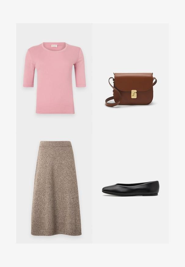 Sweater cropped de cor bege claro com gola alta com fecho, apresentando um padrão texturizado e mangas e bainha caneladas. Combina materiais tricotados e tecidos.; Camiseta rosa feita de um tecido suave, com um decote redondo clássico e mangas curtas, apresentando um design ajustado e detalhes de costura subtis.; Saia de malha numa tonalidade castanha quente com um padrão texturizado, cintura ajustada e silhueta evasê, apresentando detalhes canelados na barra.; Paul Smith TOPANGA - Sabrinas - black; Bolsa de couro castanho com fecho de aba, decoração em tom dourado, alça de ombro e textura suave. Formato retangular compacto.