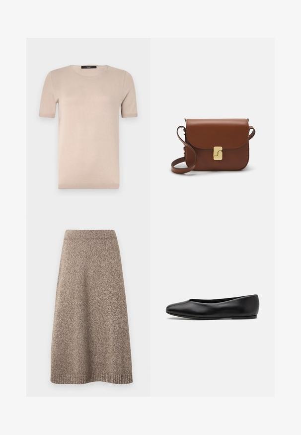 Svijetlo bež skraćeni džemper s rajsferšlusom i visokom ovratnikom, s teksturiranim uzorkom i rebrastim rukavima i rubom. Kombinira pletivo i tkaninu.; Bež majica kratkih rukava od pletene tkanine s okruglim izrezom, koja ima glatku teksturu i rebrasti donji rub. Jednostavan, klasičan dizajn savršen za slojevito oblačenje.; Pleteni krug u toploj smeđoj nijansi s teksturiranim uzorkom, uskim pojasom i proširenim siluetom, s rebrastim detaljima na rubu.; Paul Smith TOPANGA - Balerinke - black; Smeđa kožna torba s preklopom, zlatnim detaljima, remenom za nošenje preko ramena i glatkom teksturom. Kompaktni pravokutni oblik.