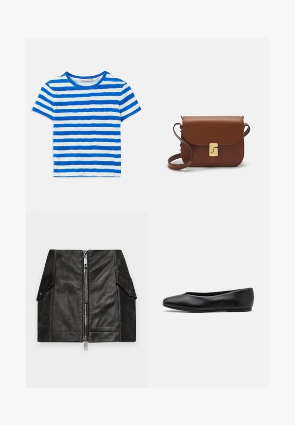 Sweater cropped de cor bege claro com gola alta com fecho, apresentando um padrão texturizado e mangas e bainha caneladas. Combina materiais tricotados e tecidos.; T-shirt de manga curta em riscas azuis e brancas com uma textura canelada e um decote redondo. Os padrões de riscas variam em largura.; Saia mini de couro preto com um fecho éclair frontal, dois bolsos laterais e uma textura suave. Apresenta costuras reforçadas e um design estruturado.; Paul Smith TOPANGA - Sabrinas - black; Bolsa de couro castanho com fecho de aba, decoração em tom dourado, alça de ombro e textura suave. Formato retangular compacto.