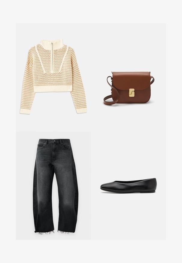 Light beige cropped sweater with a zippered mock neck, featuring a textured pattern and ribbed cuffs and hem. Combines knit and woven materials.; Black denim jeans with a wide-leg design, frayed hem, five pockets, and subtle fading; made of sturdy cotton material.; Paul Smith TOPANGA - Ballet pumps - black; Brown leather handbag with a flap closure, gold-tone hardware, a shoulder strap, and a smooth texture. Compact rectangular shape.