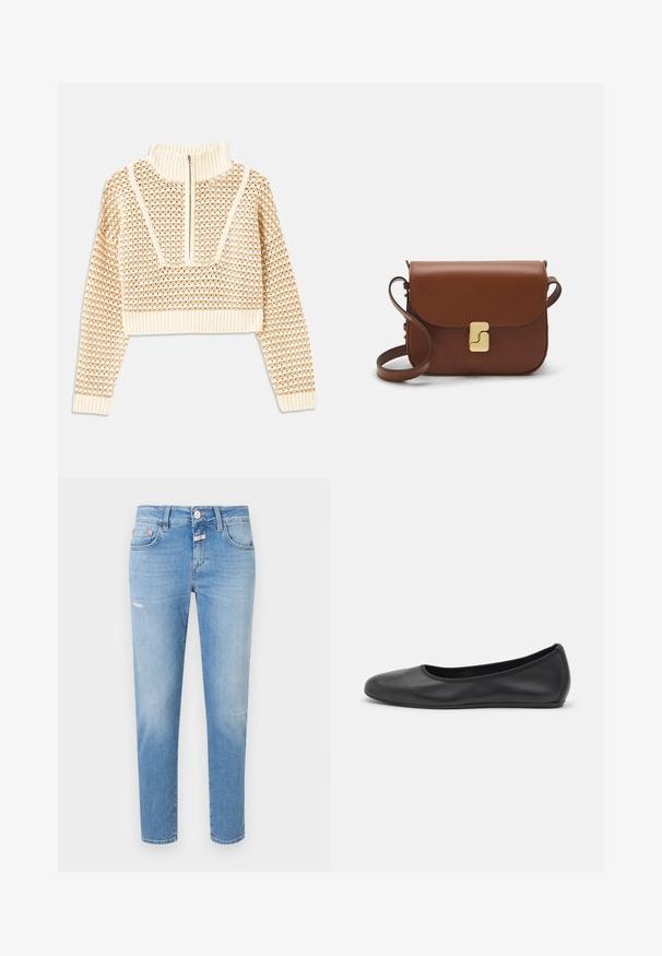 Svetilka svetlo bež barve s krajšim krojem in zadrgo na ovratniku, ki ima strukturiran vzorec ter rebraste manšete in spodnji rob. Združuje pletene in tkane materiale.; Svetlo modri kavbojki z ozkim krojem, ki vključujejo gumbasto zapiranje, rahlo obrabo in tradicionalno zasnovo s petimi žepi.; Črne usnjene balerinke z zaobljenim nosom, gladko teksturo, minimalnimi šivi in fleksibilno zasnovo podplata.; Rjava usnjena torbica s poklopcem, zlato obarvani okovi, naramnica in gladka tekstura. Kompaktna pravokotna oblika.
