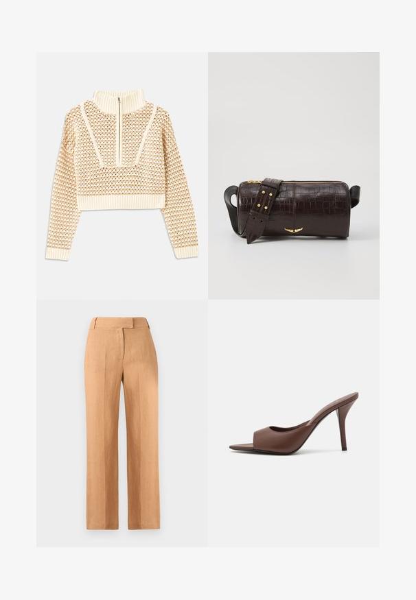 Light beige cropped sweater with a zippered mock neck, featuring a textured pattern and ribbed cuffs and hem. Combines knit and woven materials.; Light brown linen trousers with a straight cut, two front pleats, and a flat waistband. No visible pockets or hardware details.; Brown leather open-toe high-heeled mules with a sleek design, featuring a wide front strap and a slender stiletto heel.; Brown crocodile-embossed leather bag with a cylindrical shape, gold-tone hardware, and a detachable strap featuring studs.