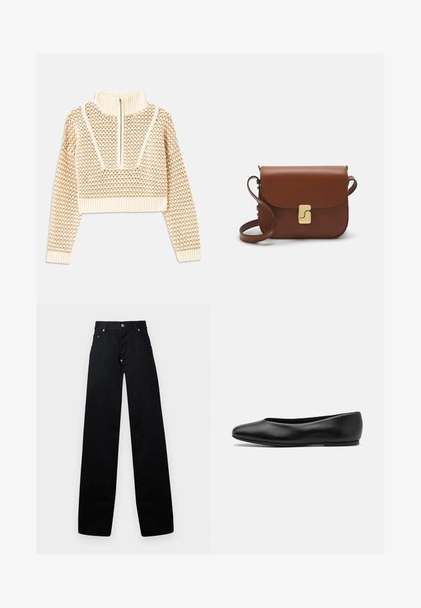 Vaalea beige lyhyt neulepusero, jossa on vetoketjukiinnitteinen korkea kaulus. Se esittelee teksturoidun kuosin ja ribbireunat hihoissa ja helmassaan. Yhdistelmä neulotusta ja kudotusta materiaalista.; Mustat leveät housut, jotka on valmistettu puuvillasta. Niissä on vetoketjukiinnitys, kaksi etutaskua ja klassinen viisi-taskumalli, jossa on metalliset yksityiskohdat.; Paul Smith TOPANGA - Ballerinat - black; Ruskea nahkainen käsilaukku, jossa on läppäkiinnitys, kultasävyiset yksityiskohdat, olkahihna ja sileä pinta. Kompaktin suorakaiteen muotoinen.