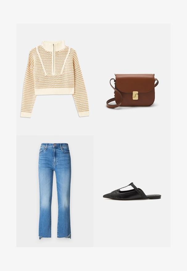 Light beige cropped sweater with a zippered mock neck, featuring a textured pattern and ribbed cuffs and hem. Combines knit and woven materials.; Mother THE INSIDER CROP STEP FRAY - Bootcut jeans - out of the blue; Black leather slingback shoe with a pointed toe, featuring a woven accent and pleated upper design. Flat sole with minimal hardware.; Brown leather handbag with a flap closure, gold-tone hardware, a shoulder strap, and a smooth texture. Compact rectangular shape.