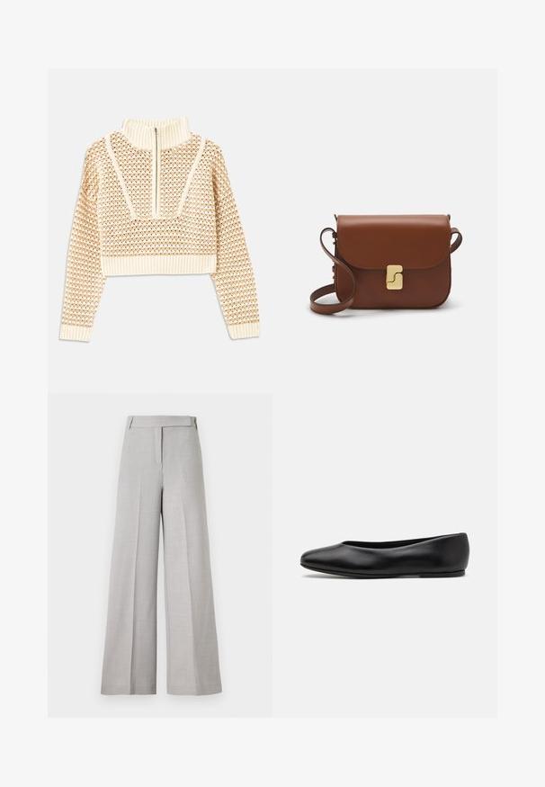 Light beige cropped sweater with a zippered mock neck, featuring a textured pattern and ribbed cuffs and hem. Combines knit and woven materials.; Light gray wide-leg trousers with a smooth texture, featuring a tailored waistband and front crease for a polished look.; Paul Smith TOPANGA - Ballet pumps - black; Brown leather handbag with a flap closure, gold-tone hardware, a shoulder strap, and a smooth texture. Compact rectangular shape.