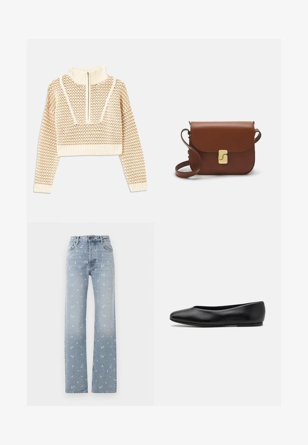 Svetilka svetlo bež barve s krajšim krojem in zadrgo na ovratniku, ki ima strukturiran vzorec ter rebraste manšete in spodnji rob. Združuje pletene in tkane materiale.; Svijetloplave traperice ravnog kroja s izblijedjelim ružičastim cvjetnim uzorkom, prednjim dugmetom i detaljima džepova.; Paul Smith TOPANGA - Balerinke - black; Rjava usnjena torbica s poklopcem, zlato obarvani okovi, naramnica in gladka tekstura. Kompaktna pravokotna oblika.