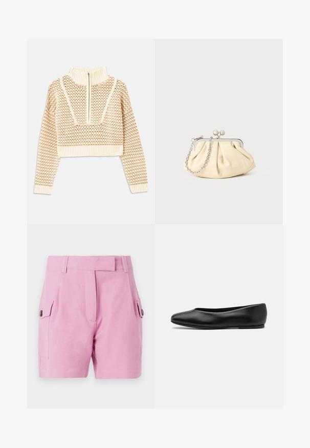 Pulover scurt de culoare bej deschis, cu guler tip mock cu fermoar, având un model texturat și manșete și tiv coagulate. Combină materiale tricotate și țesute.; Shorts roz deschis, cu un design ajustat, față plată, buzunare laterale cu închidere cu buton și o textură de țesătură netedă.; Paul Smith TOPANGA - Balerini - black; Clutch din piele plisată bej, cu un cadru din metal argintiu, având două închideri decorative rotunde și o curea din lanț argintiu.