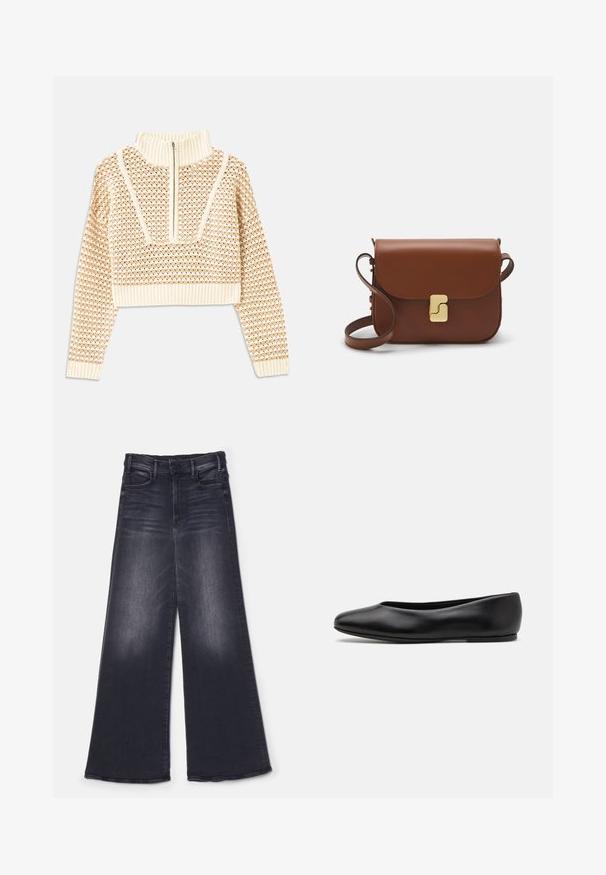 Light beige cropped sweater with a zippered mock neck, featuring a textured pattern and ribbed cuffs and hem. Combines knit and woven materials.; Mother THE HUSTLER ROLLER SNEAK - Wide Leg - not today satan; Paul Smith TOPANGA - Ballet pumps - black; Brown leather handbag with a flap closure, gold-tone hardware, a shoulder strap, and a smooth texture. Compact rectangular shape.