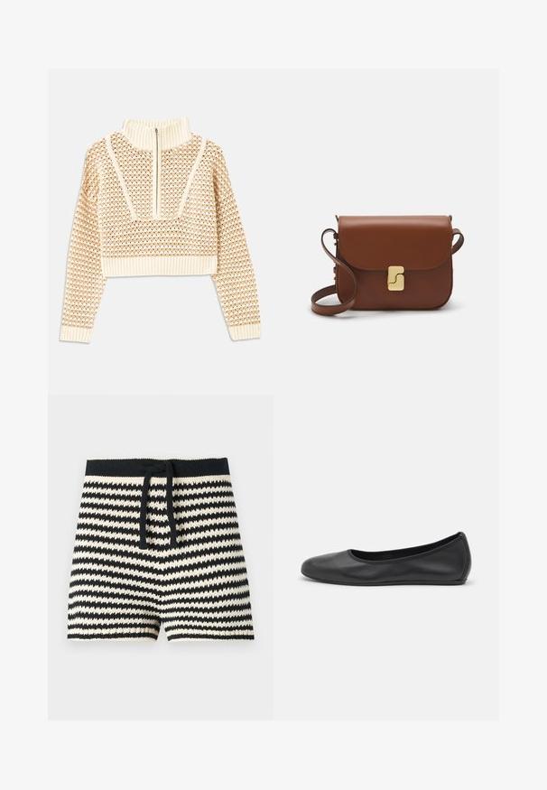 Svijetlo bež skraćeni džemper s rajsferšlusom i visokom ovratnikom, s teksturiranim uzorkom i rebrastim rukavima i rubom. Kombinira pletivo i tkaninu.; CLOSED Kratke hlače - black; Crne kožne baletanke s zaobljenim vrhom, glatke teksture, minimalnim detaljima šavova i fleksibilnim dizajnom potplata.; Smeđa kožna torba s preklopom, zlatnim detaljima, remenom za nošenje preko ramena i glatkom teksturom. Kompaktni pravokutni oblik.