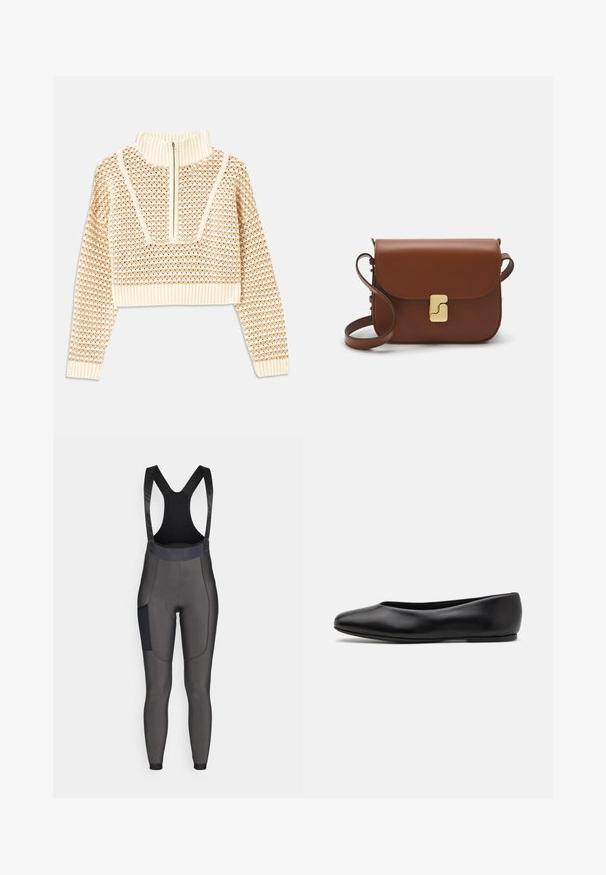 Jasnobeżowy krótki sweter z zapięciem na zamek błyskawiczny przy kołnierzu w stylu stójki, z teksturowanym wzorem oraz prążkowanymi mankietami i dołem. Łączy materiały dziane i tkane.; Bib-style spodenki rowerowe w ciemnoszarym kolorze. Wykonane z elastycznego materiału, posiadające wyściółkę, siateczkowe ramiączka oraz boczną kieszeń. Gładka tekstura.; Paul Smith TOPANGA czarny; Brązowa skórzana torebka na ramię z klapką, złotymi detalami, paskiem na ramię i gładką teksturą. Kompaktowy prostokątny kształt.