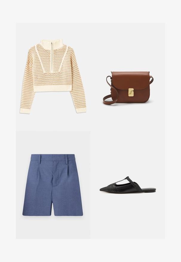 Licht beige cropped sweater met een ritskraag, voorzien van een textuurpatroon en geribde manchetten en onderrand. Combineert gebreide en geweven materialen.; Blauwe op maat gemaakte shorts met riemlussen, voorplooien en een verborgen voorkeursluiting, weergegeven tegen een witte achtergrond.; Zwarte leren slingback schoen met een puntige neus, voorzien van een gevlochten accent en geplooid ontwerp aan de bovenkant. Platte zool met minimale hardware.; Bruine leren handtas met een klep sluiting, gouden hardware, een schouderband en een gladde textuur. Compact rechthoekige vorm.
