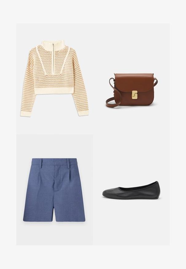 Pullover cropped beige chiaro con collo alto con zip, caratterizzato da un motivo testurizzato e polsini e orlo a coste. Combina materiali a maglia e tessuti.; Pantaloni corti blu su misura con passanti per cintura, pince frontali e chiusura frontale nascosta, presentati su uno sfondo bianco.; Pantofole da balletto nere in pelle con punta arrotondata, texture liscia, dettagli di cucitura minimi e design con suola flessibile.; Borsa a tracolla in pelle marrone con chiusura a pattina, hardware color oro, tracolla e una finitura liscia. Forma rettangolare compatta.