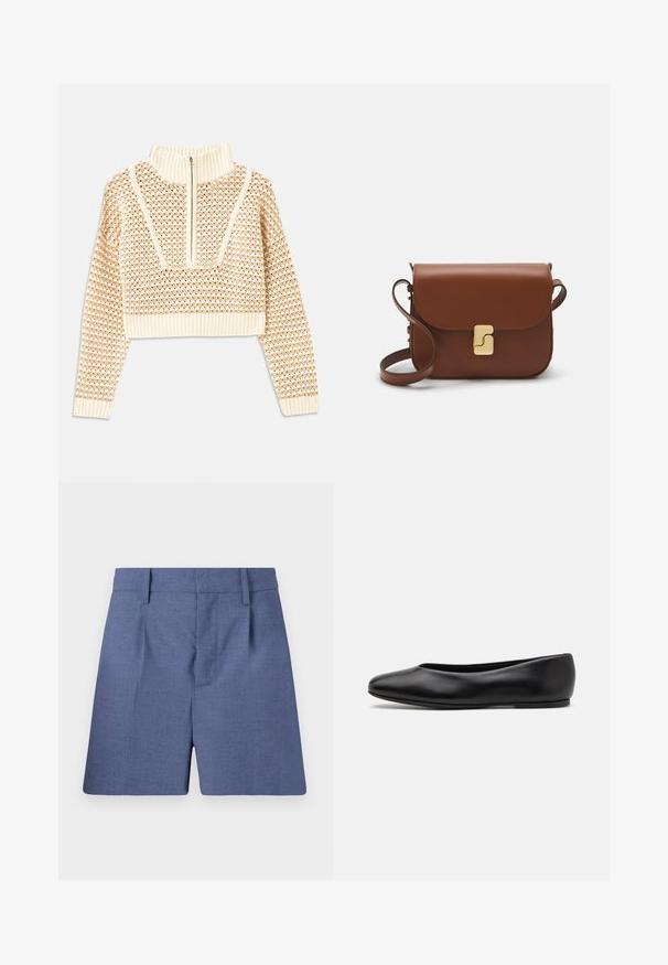 Light beige cropped sweater with a zippered mock neck, featuring a textured pattern and ribbed cuffs and hem. Combines knit and woven materials.; Blue tailored shorts with belt loops, front pleats, and a hidden front closure, shown against a white background.; Paul Smith TOPANGA - Ballet pumps - black; Brown leather handbag with a flap closure, gold-tone hardware, a shoulder strap, and a smooth texture. Compact rectangular shape.