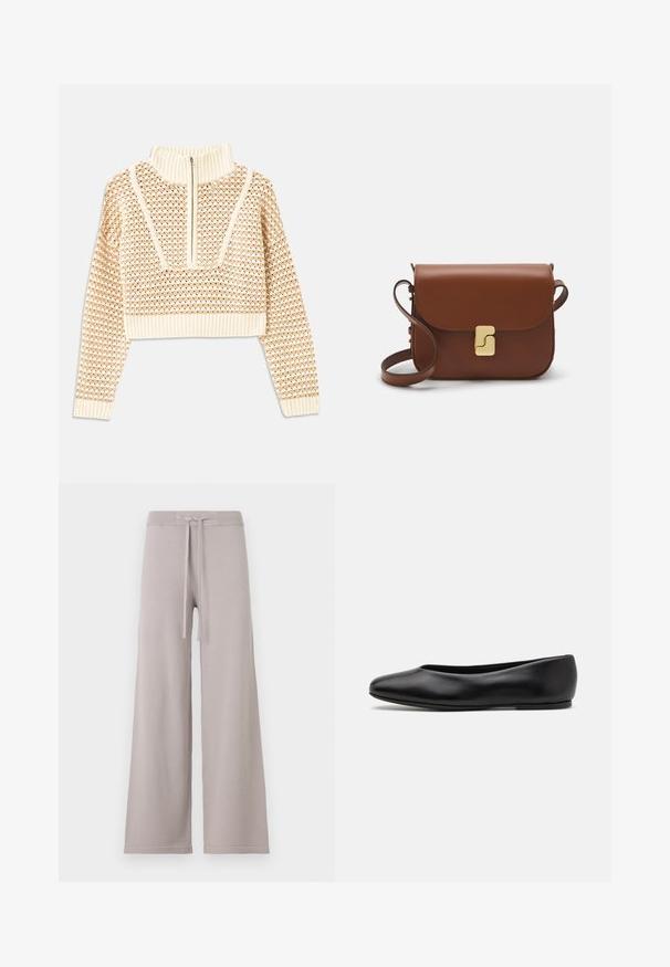 Light beige cropped sweater with a zippered mock neck, featuring a textured pattern and ribbed cuffs and hem. Combines knit and woven materials.; Light gray, wide-leg sweatpants in soft fabric. Features a ribbed waistband with a drawstring, and subtle stitching at the hem.; Paul Smith TOPANGA - Ballet pumps - black; Brown leather handbag with a flap closure, gold-tone hardware, a shoulder strap, and a smooth texture. Compact rectangular shape.