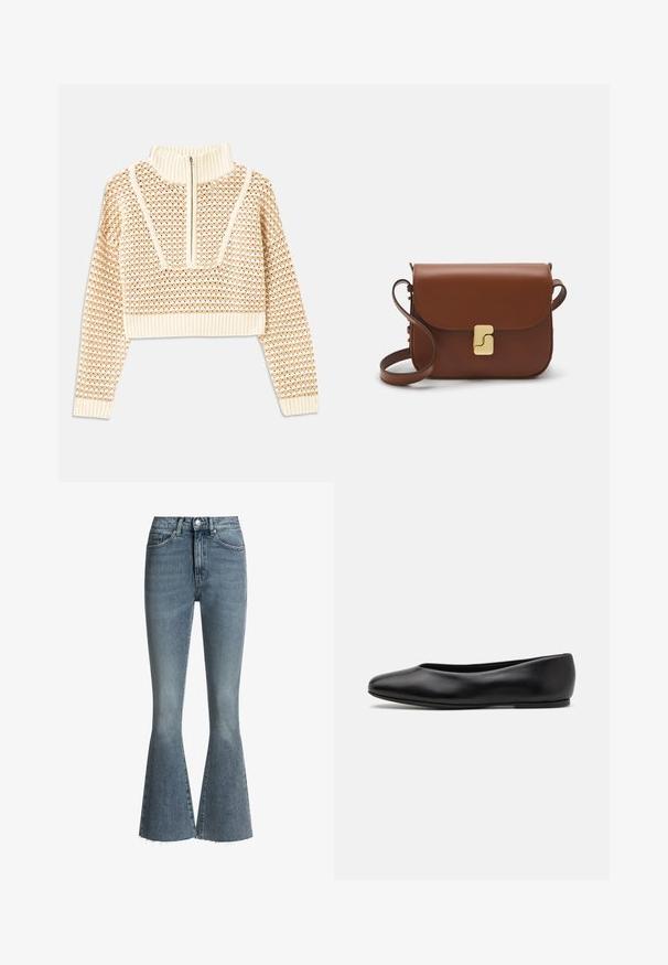 Licht beige cropped sweater met een ritskraag, voorzien van een textuurpatroon en geribde manchetten en onderrand. Combineert gebreide en geweven materialen.; Blauwe denim flared jeans met rafelige zoom, hoge taille, vijf-pocket ontwerp en subtiele vervaging, die een op maat gemaakte fit en gestructureerde silhouet tonen.; Paul Smith TOPANGA - Ballerina's - black; Bruine leren handtas met een klep sluiting, gouden hardware, een schouderband en een gladde textuur. Compact rechthoekige vorm.