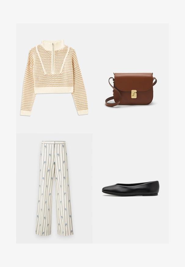 Light beige cropped sweater with a zippered mock neck, featuring a textured pattern and ribbed cuffs and hem. Combines knit and woven materials.; Wide-leg trousers made of cream fabric with vertical dark stripes and small blue floral embroidery throughout. Features a tailored waistband.; Paul Smith TOPANGA - Ballet pumps - black; Brown leather handbag with a flap closure, gold-tone hardware, a shoulder strap, and a smooth texture. Compact rectangular shape.