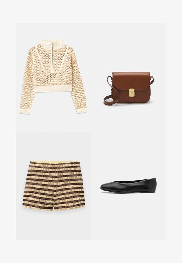 Light beige cropped sweater with a zippered mock neck, featuring a textured pattern and ribbed cuffs and hem. Combines knit and woven materials.; knitted shorts in beige with brown and black stripes; features a ribbed texture and an elastic yellow waistband.; Paul Smith TOPANGA - Ballet pumps - black; Brown leather handbag with a flap closure, gold-tone hardware, a shoulder strap, and a smooth texture. Compact rectangular shape.