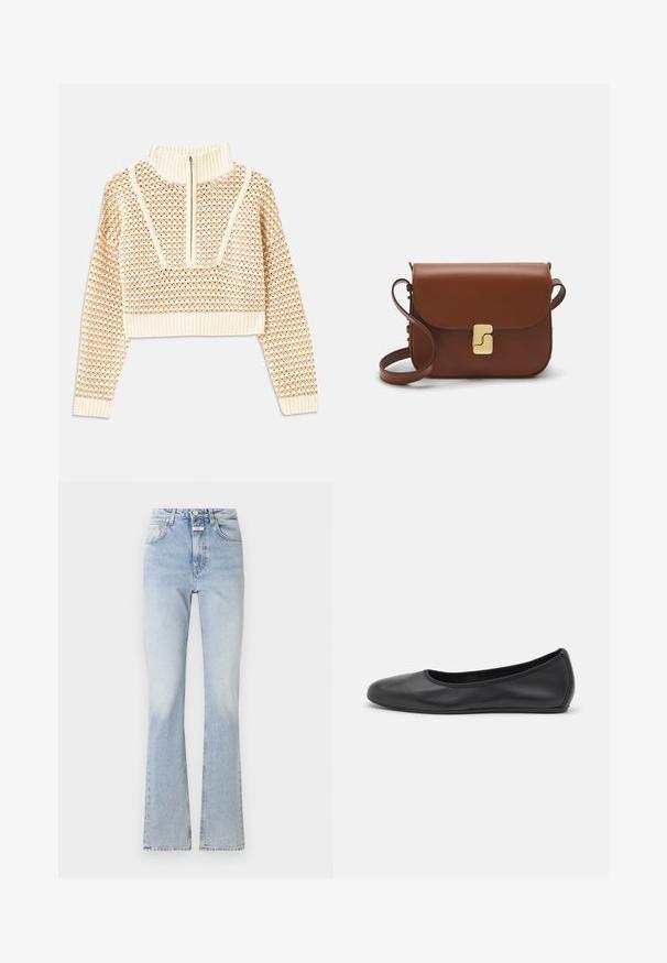 Šviesiai kreminis sutrumpintas megztinis su užtrauktuku ir apykakle, turintis tekstūruotą raštą bei gaubtus ir apykaklę su banguotais kraštais. Sujungia megztą ir audinį.; Šviesiai mėlynos džinsinės kelnės su aukštu juosmeniu, platėjančiomis kojomis ir švelniu nudilimo efektu. Su mygtuko ir užtrauktuko uždarymu, turi penkias kišenes.; Juodai odiniai baletai su apvaliu pirštu, lygi texture, minimalus siuvimo detales ir lanksčiu padų dizainu.; Ruda odinė rankinė su uždaromu dangteliu, aukso spalvos detalėmis, petneša ir lygiu paviršiumi. Kompaktiška stačiakampio formos.