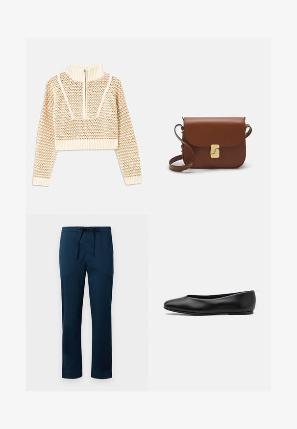 Light beige cropped sweater with a zippered mock neck, featuring a textured pattern and ribbed cuffs and hem. Combines knit and woven materials.; Navy blue lightweight pants with an elastic waistband and adjustable drawstring. Smooth fabric, straight leg design, and cuffed hem.; Paul Smith TOPANGA - Ballet pumps - black; Brown leather handbag with a flap closure, gold-tone hardware, a shoulder strap, and a smooth texture. Compact rectangular shape.
