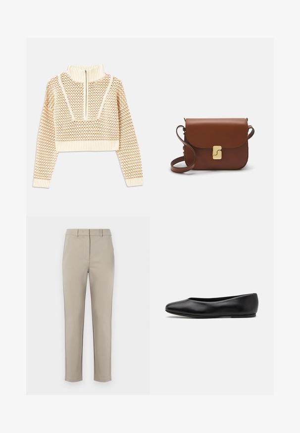 Licht beige cropped sweater met een ritskraag, voorzien van een textuurpatroon en geribde manchetten en onderrand. Combineert gebreide en geweven materialen.; MM by MaxMara EFFETTO - Broek - sand; Paul Smith TOPANGA - Ballerina's - black; Bruine leren handtas met een klep sluiting, gouden hardware, een schouderband en een gladde textuur. Compact rechthoekige vorm.